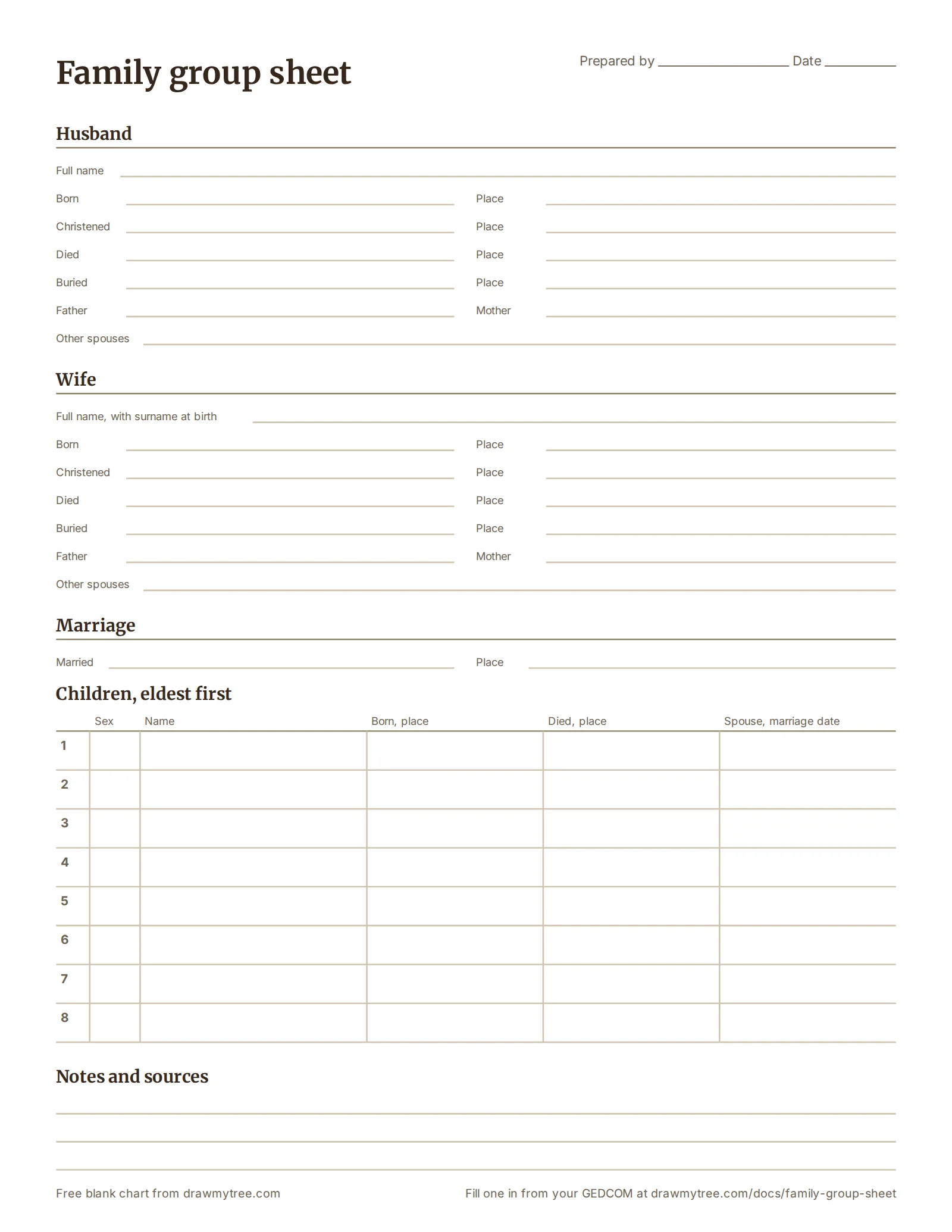 A blank family group sheet with sections for the husband, the wife, the marriage, eight children and notes