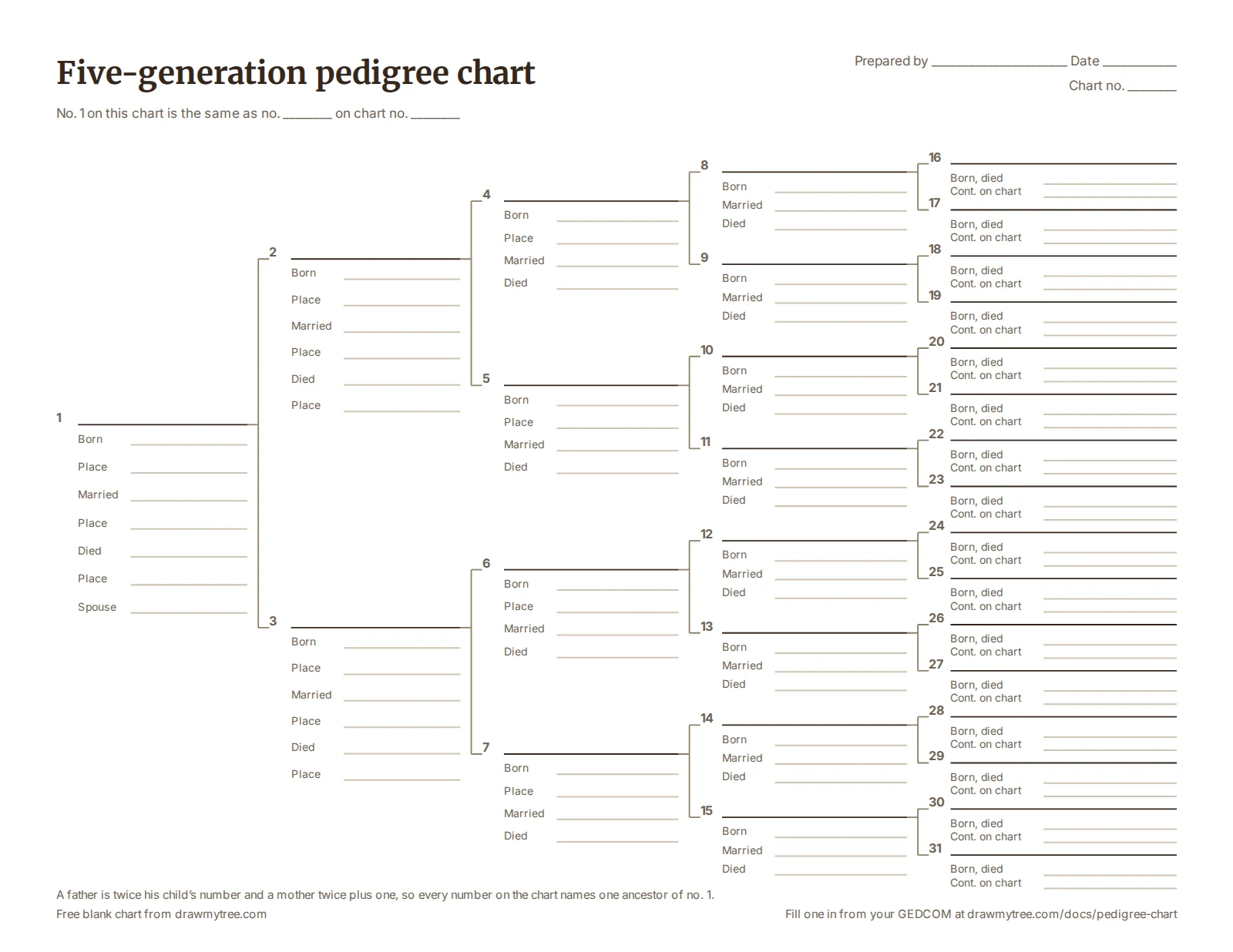 A blank five-generation pedigree chart, numbered 1 to 31, across a Letter page