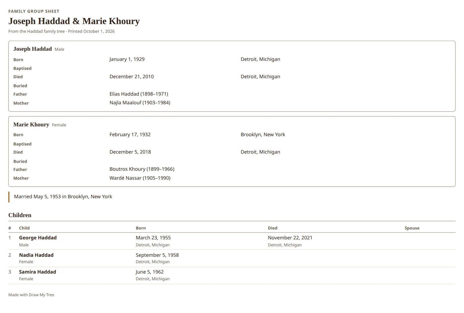 A filled-in family group sheet for Joseph Haddad and Marie Khoury and their three children