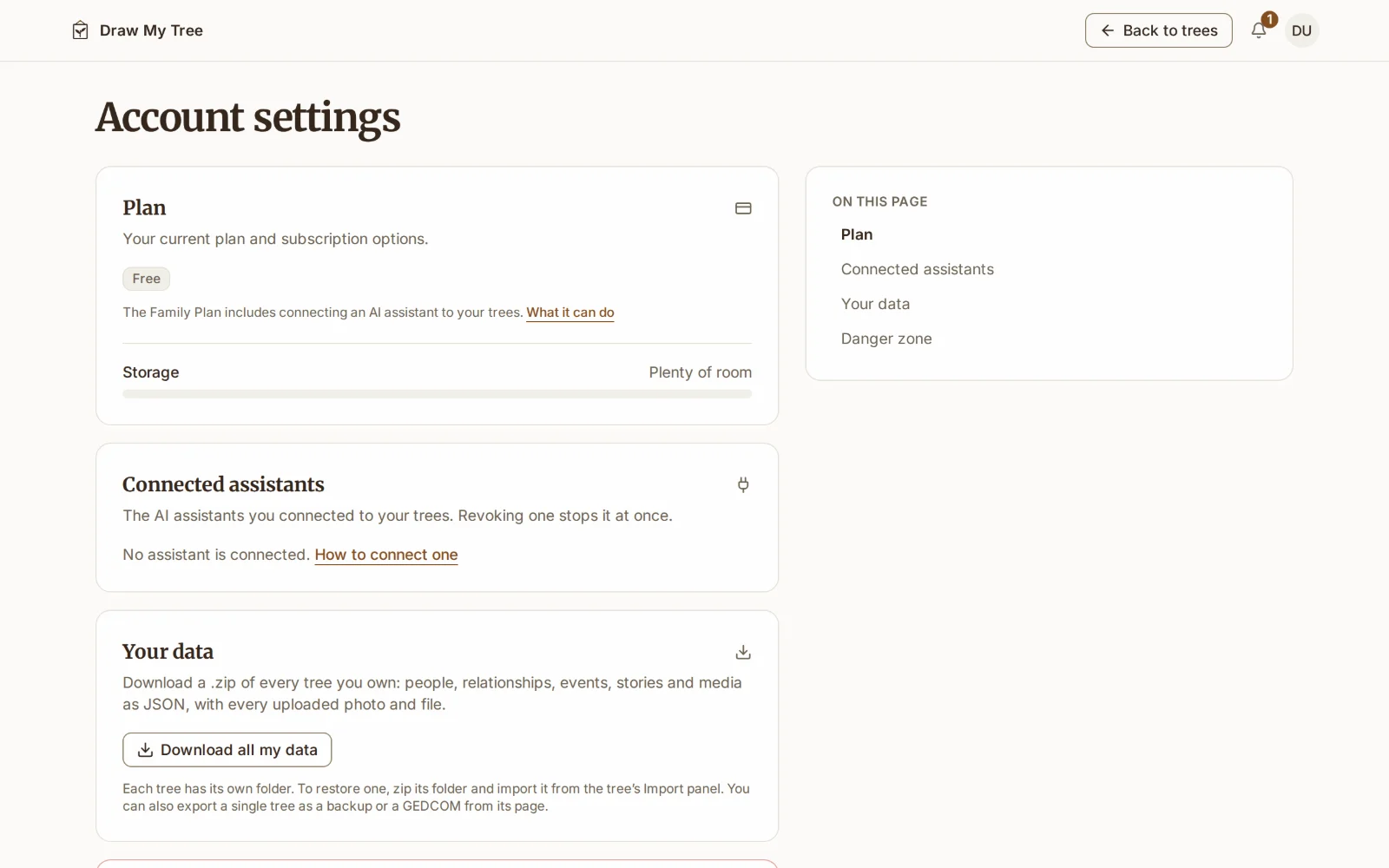 Account settings, with the plan, storage and your data
