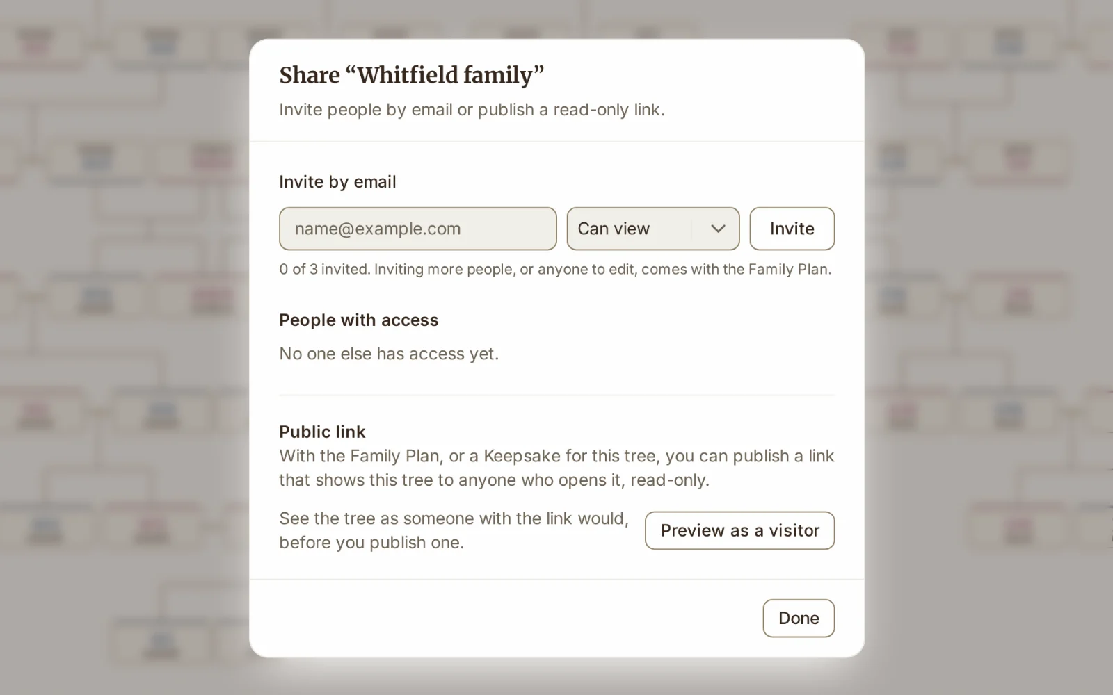 The Share dialog, with the invite form, people with access and the public link